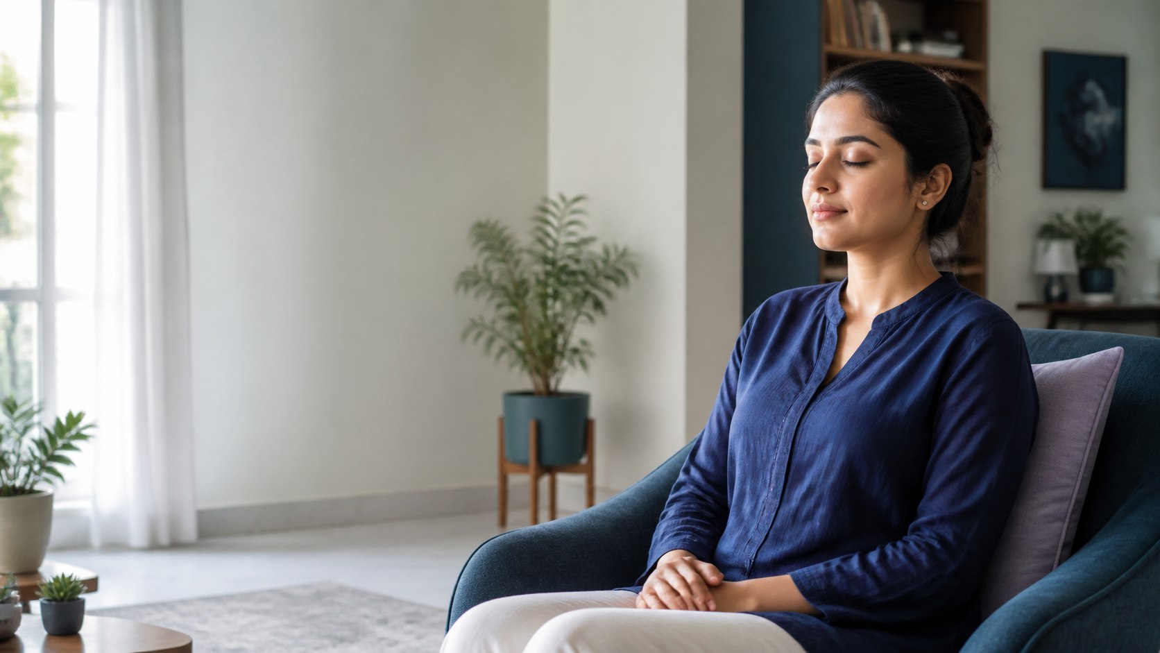 A relaxed person taking a calm breath during anxiety recovery