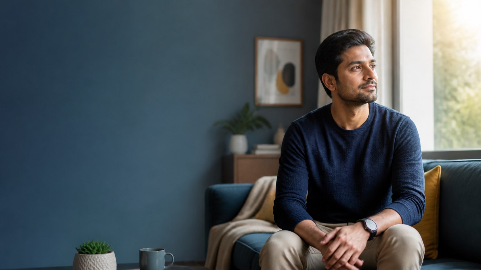 A calm person looking toward morning light while recovering from depression