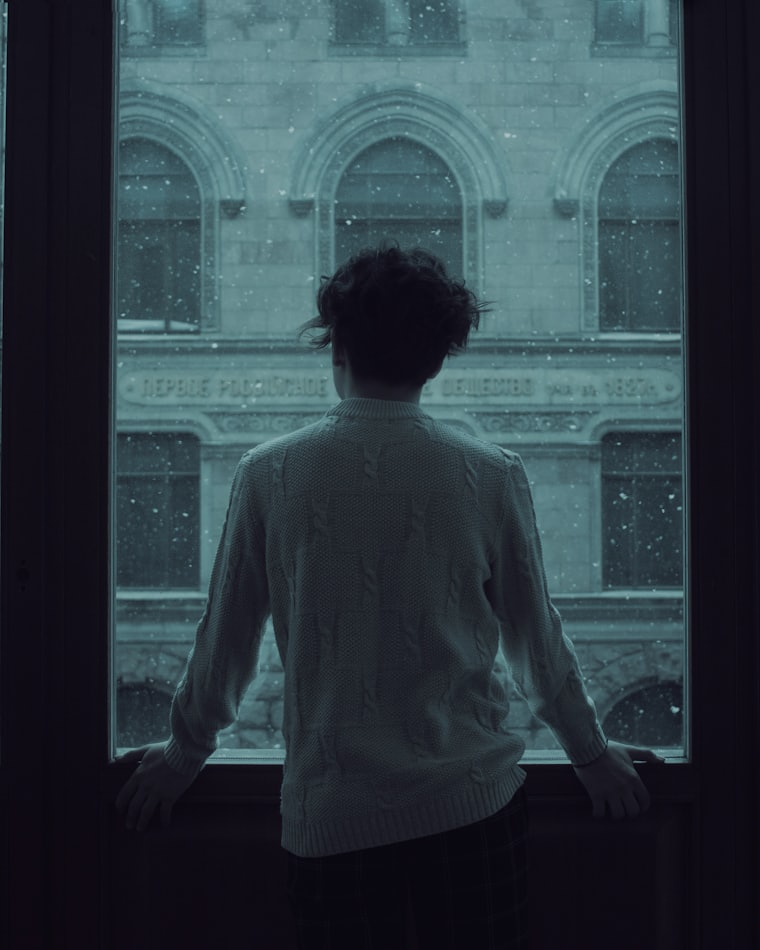 A person standing alone at a dark window, back turned to the room